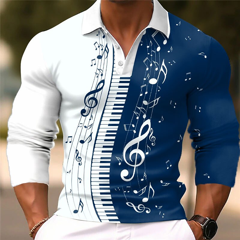 Music Festival Men's Music Polo Shirts Golf Shirt Long Sleeve Polo Shirts Collared Shirts Casual Vacation Wear Festival Wear Party Outfits 3D Print Buttons Fall & Winter Black Wine Blue3