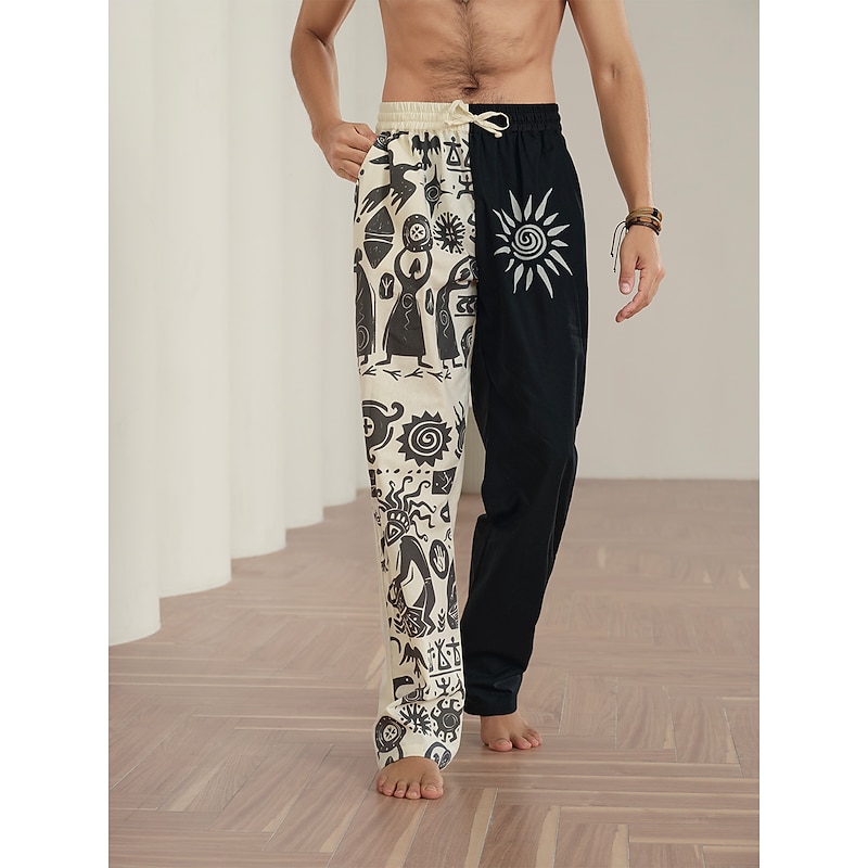 Men's Ethnic Linen Pants Trousers Summer Pants Mid Waist Vintage Ethnic Style Casual Daily Holiday Drawstring Elastic Waist 3D Print Spring & Summer 3D Print Black Blue Khaki3