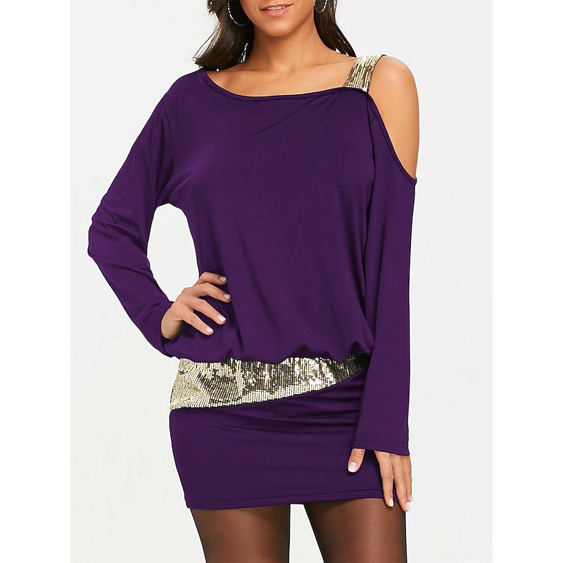 Women's Mini Dress Black Dress Sequin Dress Party Dress Elegant Dress Fashion Party Mature Vacation Evening Party Cocktail Party Regular Fit Color Block Long Sleeve Off Shoulder Black Wine Purple3