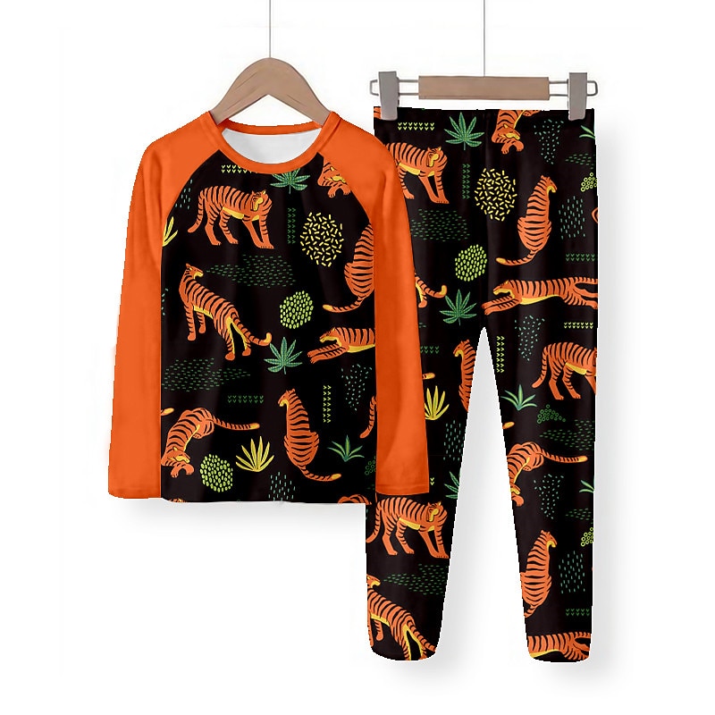 Boys 3D Tiger Pajama Sets Long Sleeve 3D Print Fall Winter Fashion Cool Daily Kids 3-12 Years Crew Neck Home Causal Indoor Regular Fit3