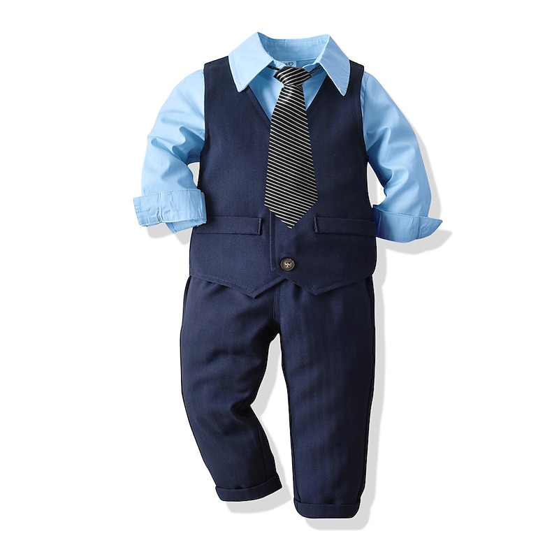 4 Pieces Ring Bearer Suit Boys Kids Suit Formal Suit Suit & Blazer Formal Party Fashion Solid Color Buttons Pocket Sky Blue Cotton2