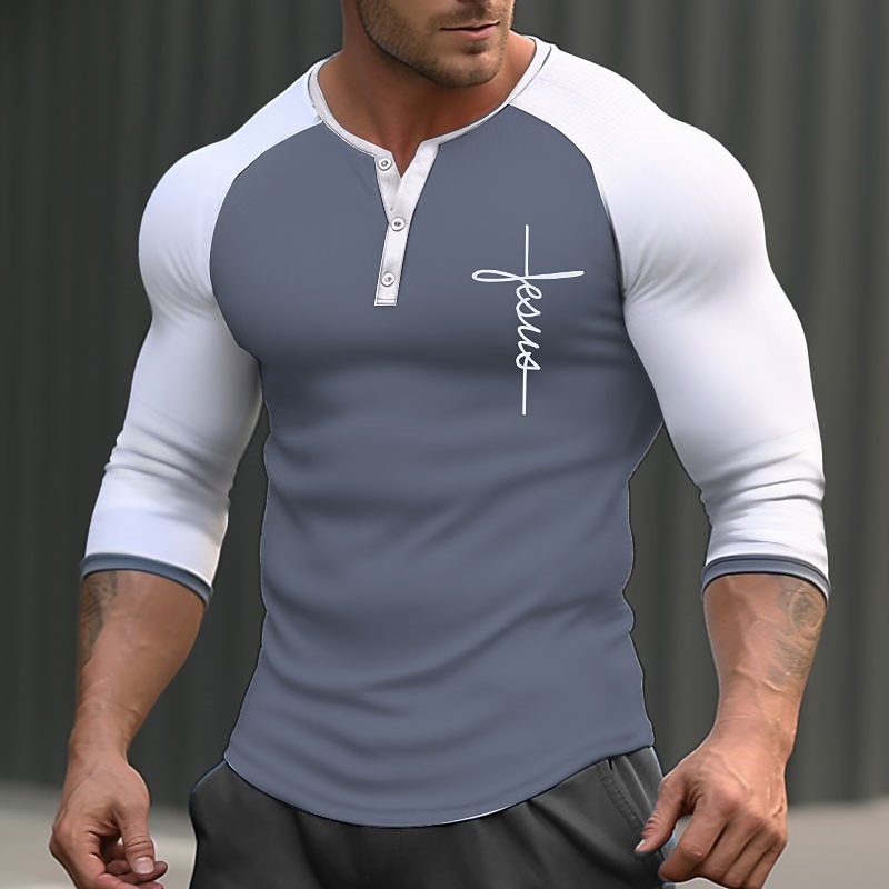 Men's Graphic Cross T Shirt Henley Shirt Raglan T Shirt Long Sleeve 3D Print Sports Daily Outdoor Sports Outdoor Casual Going out Spring &  Fall Black White Dark Blue Dark Gray Gray Henley Henley