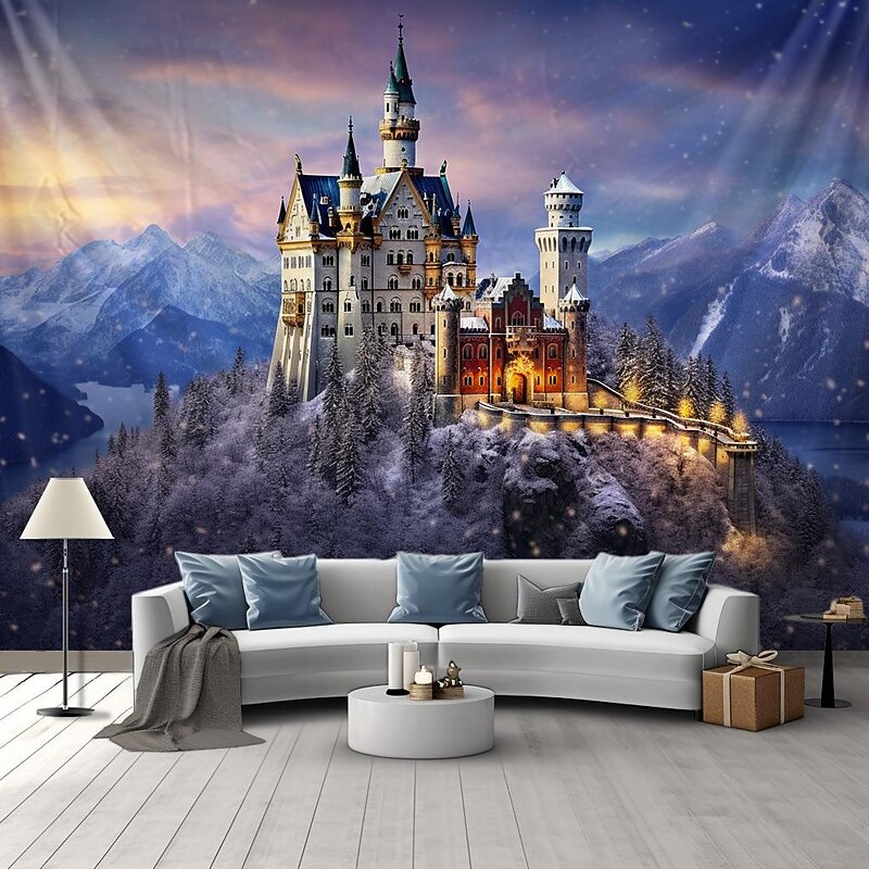 White Wonderland Castle Hanging Tapestry Wall Art Large Tapestry Mural Decor Photograph Backdrop Blanket Curtain Home Bedroom Living Room Decoration3