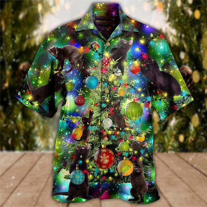 Christmas Men's Christmas Light Printed Shirts Tree Casual Outdoor Street Fall Turndown Short Sleeve Green S M L Shirt