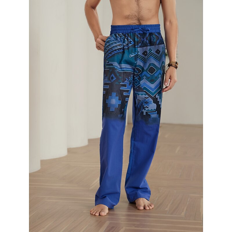 Men's Geometic Ethnic Linen Pants Beach Pants Mid Waist Streetwear Hawaiian Designer Casual Daily Holiday Drawstring Elastic Waist 3D Print Spring & Summer 3D Print Yellow Blue Green2
