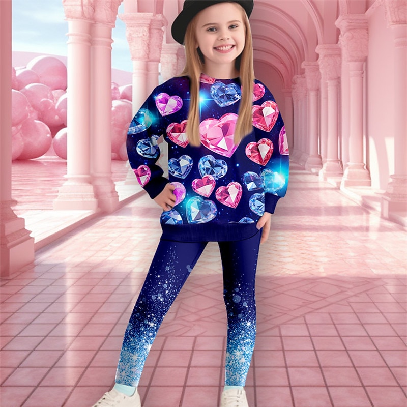 Girls' 3D Heart Sweatshirt & Legging Set Set Long Sleeve 3D Print Fall Winter Active Fashion Daily Kids 3-12 Years Crew Neck Outdoor Vacation Date Regular Fit3