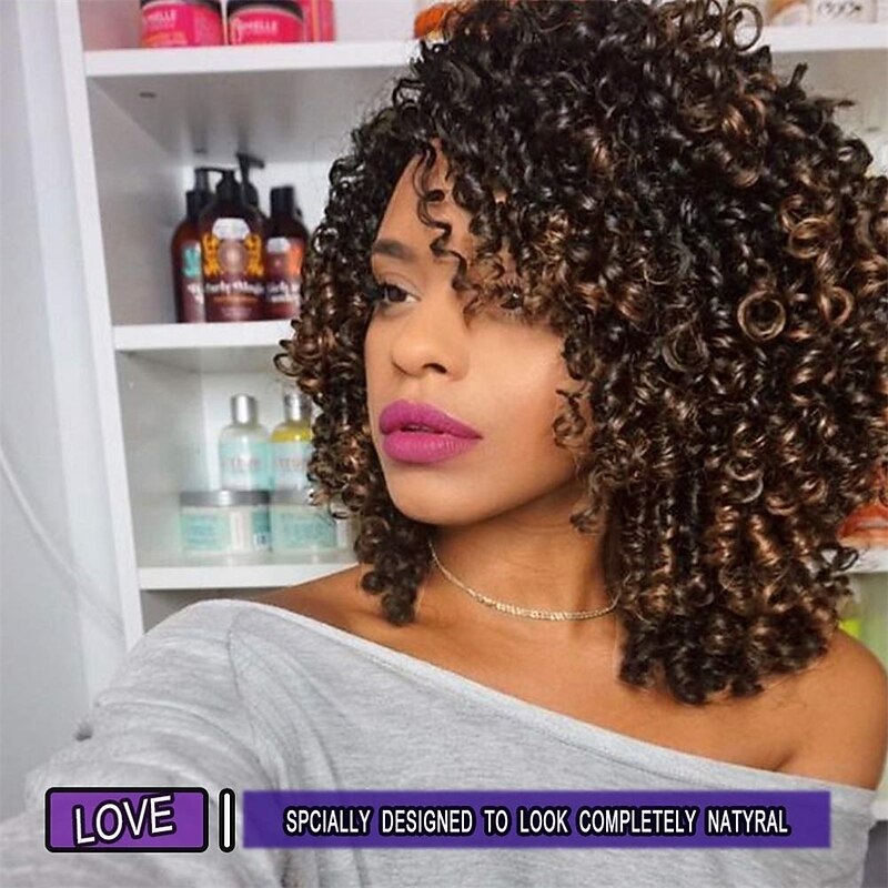 Curly Wigs for Black Women - Kinky Afro Curly Wig with Bangs 2 Tone Blonde Mixed Brown Color Synthetic Heat Resistant Full Wigs Christmas Party Wigs3
