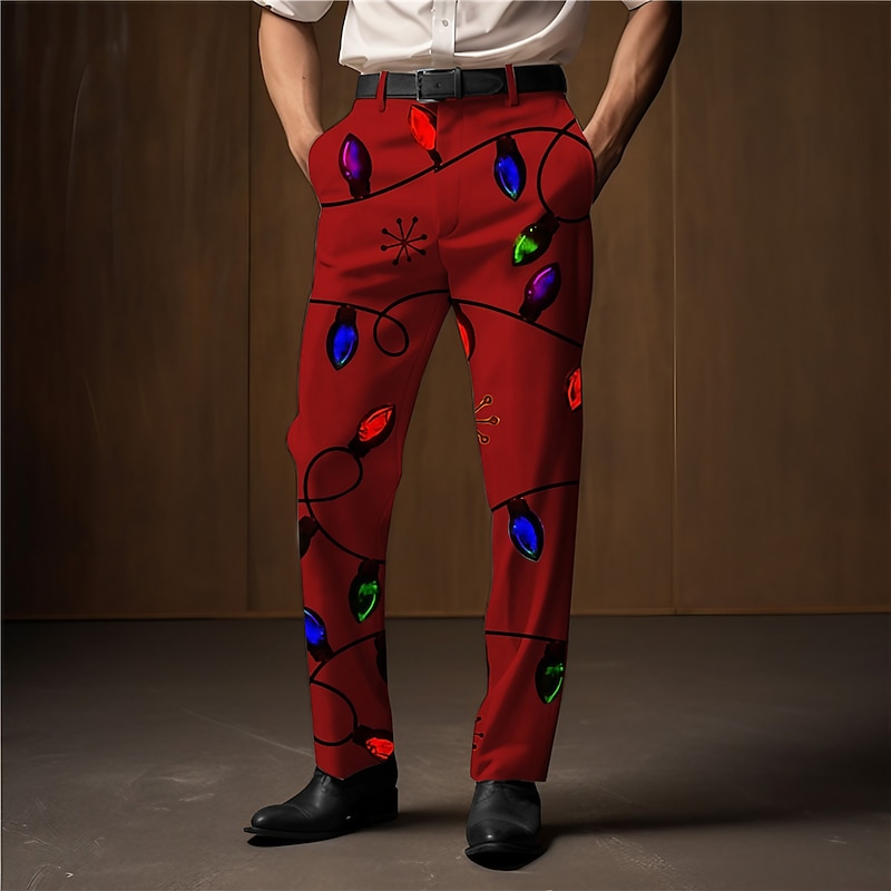 Christmas Men's Christmas Light Printed Sweatpants Lanterns Casual 3D Print  Trousers Outdoor Street Wear to work Ugly  Polyester White Wine Green S M L High Elasticity Pants