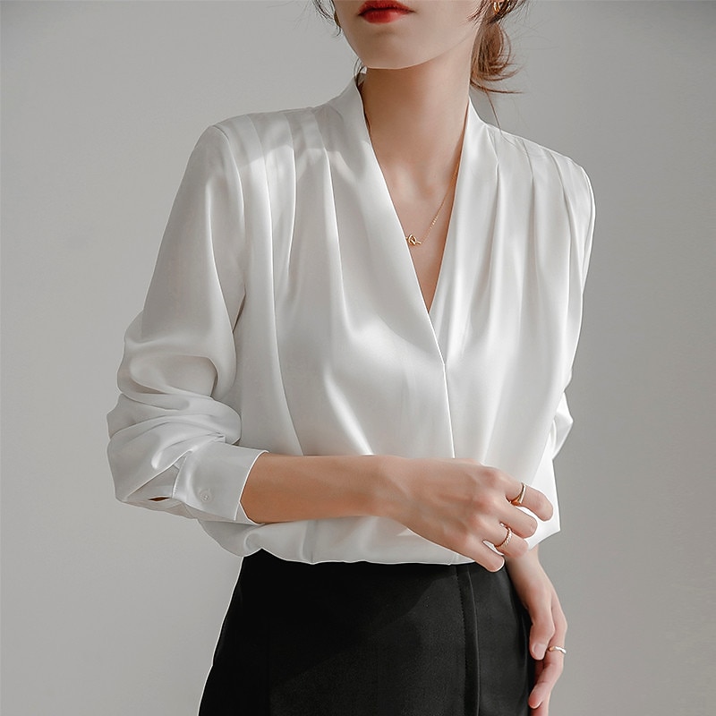 Women's Shirt Elegant Dressy Satin Plain Daily Business Mature Long Sleeve V Neck Regular Tops Work White Navy Blue Spring &  Fall3