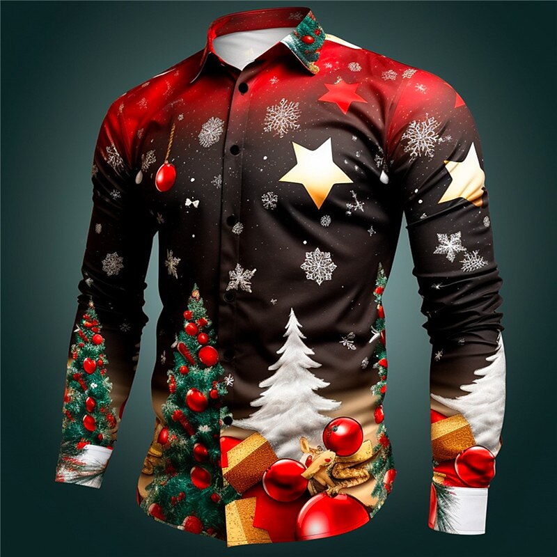 Christmas Men's Christmas animal Printed Shirts Santa Claus Casual Daily Wear Going out Fall & Winter Turndown Long Sleeve Dark Red, Black, Red S, M, L 4-Way Stretch Fabric Shirt2