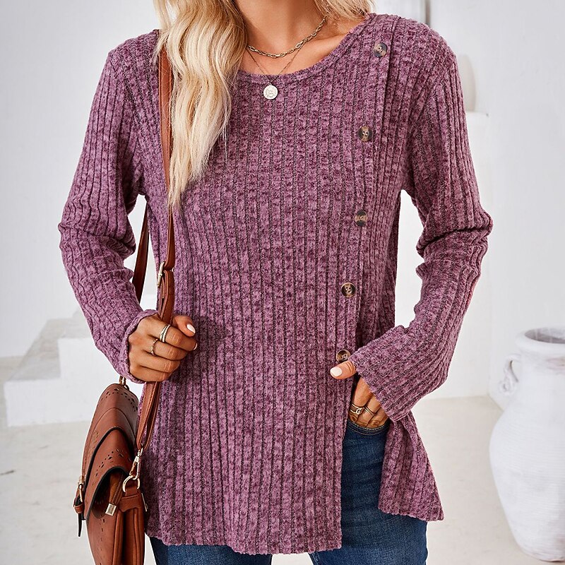 T shirt Tee Women's Black Wine Blue Solid / Plain Color Button Split Daily Fashion Round Neck Regular Fit S2