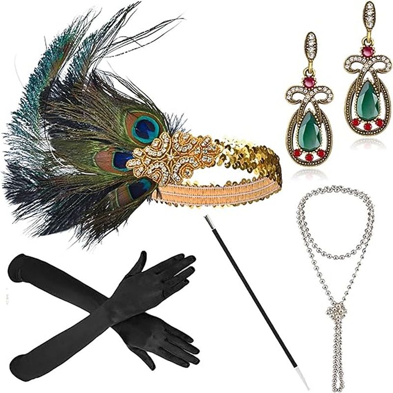 1920s Flapper Accessories Set for WomenGreat Gatsby Accessories 20's Flapper Theme Set Headband Gloves Necklace2