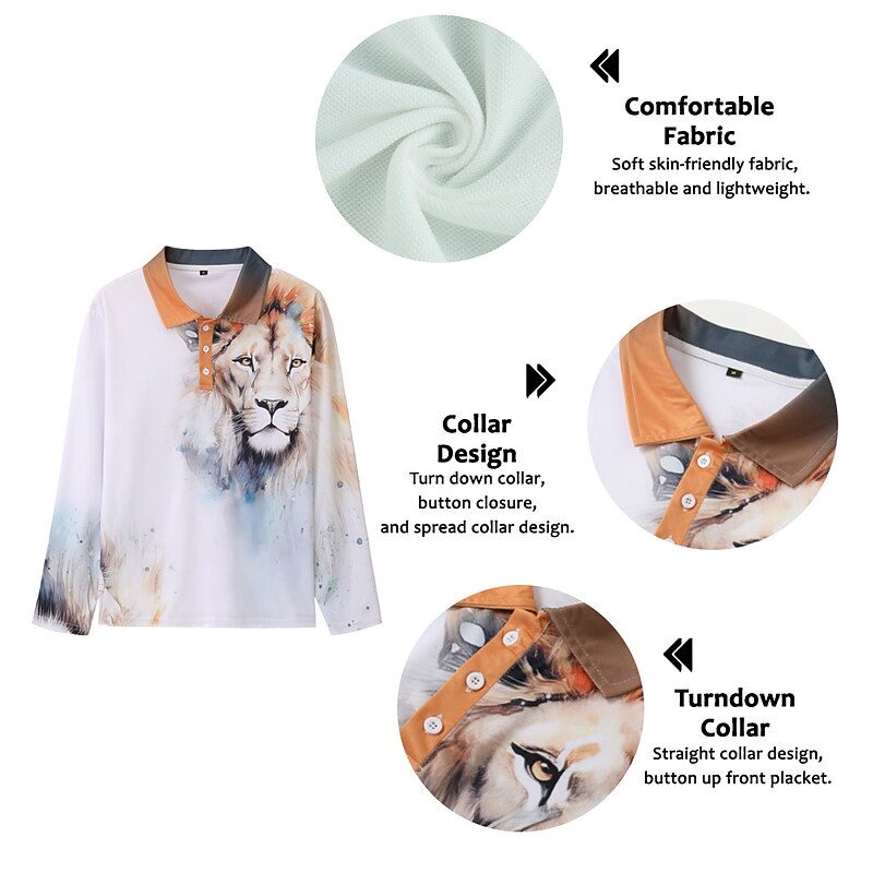 Men's Lion Polo Shirts Golf Shirt Long Sleeve Polo Shirts Collared Shirts Casual Funny Streetwear Vacation Wear Party Outfits 3D Print Buttons Light Pink White Crystal / Orange3