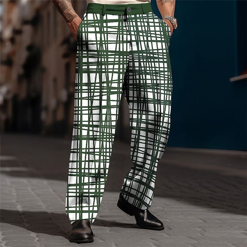 Plaid Geometry Business Abstract Men's 3D Print Pants Trousers Outdoor Street Wear to work Polyester Black Blue Brown S M L High Elasticity Pants4