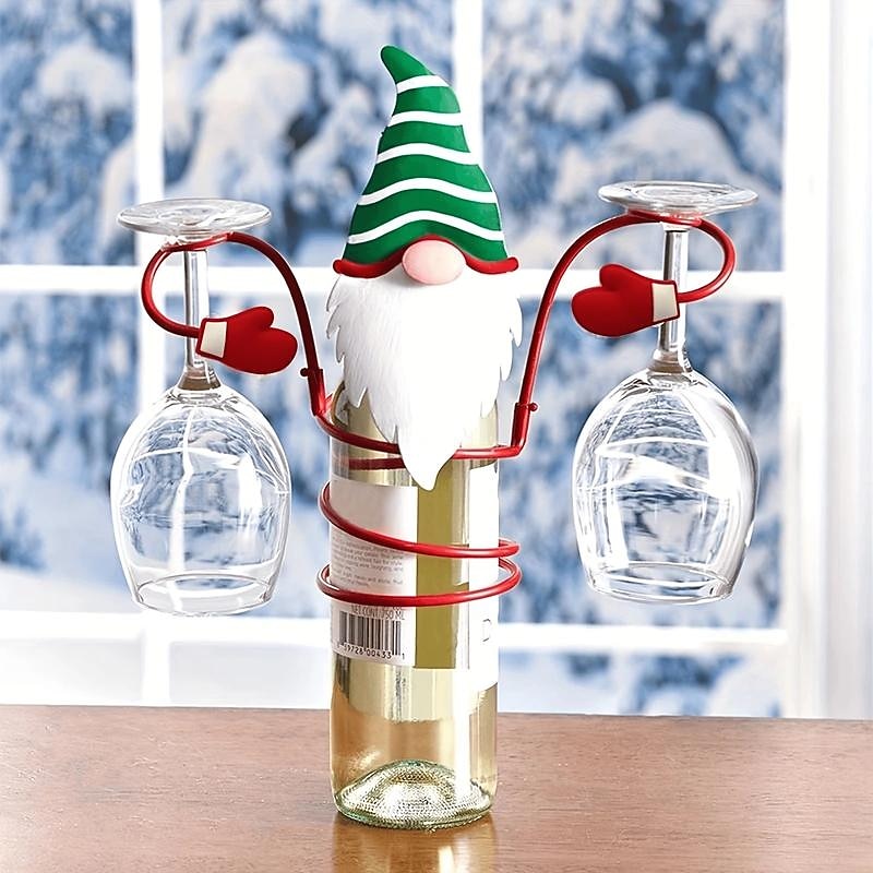 Christmas Holiday Wine Bottle Glass Holders, Festive Red Wine Rack with Hanging Glass Organizer, Holiday Party Table Decoration for Christmas Dinner Bar Home Décor3