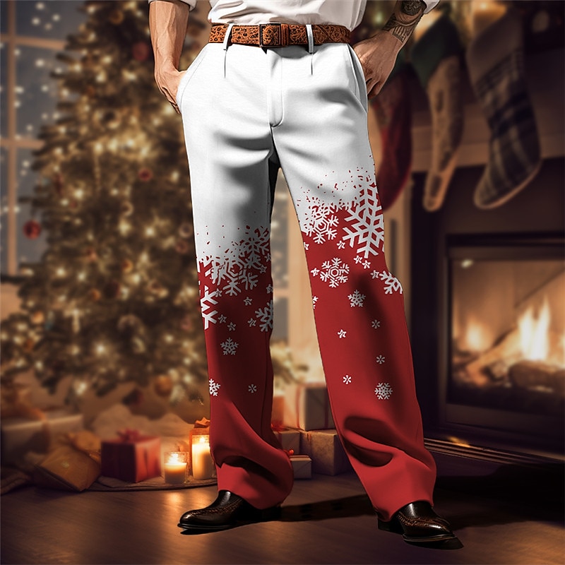 Christmas Men's Christmas Scene Printed Pants Snowflake Business Casual 3D Print Trousers Outdoor Street Wear to work Ugly  Polyester Wine Black Blue S M L High Elasticity Pants