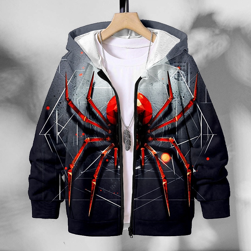 Boys 3D Spider Hoodie Coat Outerwear Long Sleeve 3D Print Fall Winter Fashion Streetwear Cool Polyester Kids 4-12 Years Outdoor Casual Daily Regular Fit