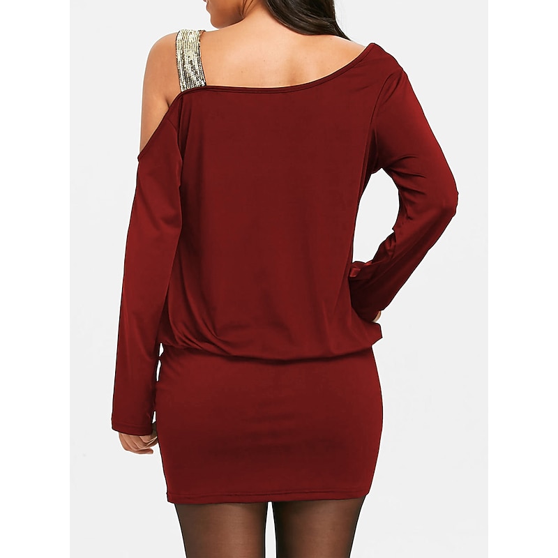 Women's Mini Dress Black Dress Sequin Dress Party Dress Elegant Dress Fashion Party Mature Vacation Evening Party Cocktail Party Regular Fit Color Block Long Sleeve Off Shoulder Black Wine Purple4