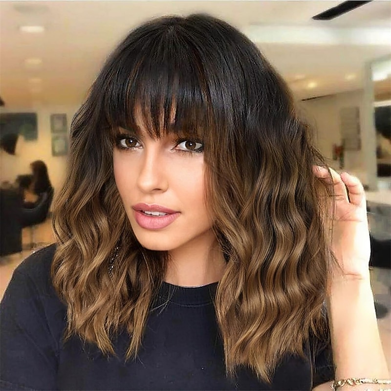 Short Wavy Wig with Bangs for Women Shoulder Length Bob Curly Women's Charming Synthetic Wigs with Natural Wavy Black To Brown Heat Resistant Hair for Daily Party Use Christmas Party Wigs