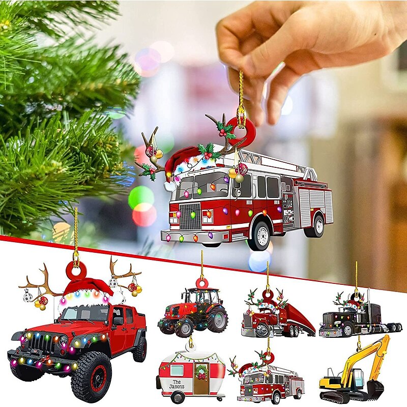 Christmas Tree Hanging Truck 2D Acrylic Decoration Flat Pendant Christmas Excavator Decoration Pendant Vintage Farmhouse Decoration