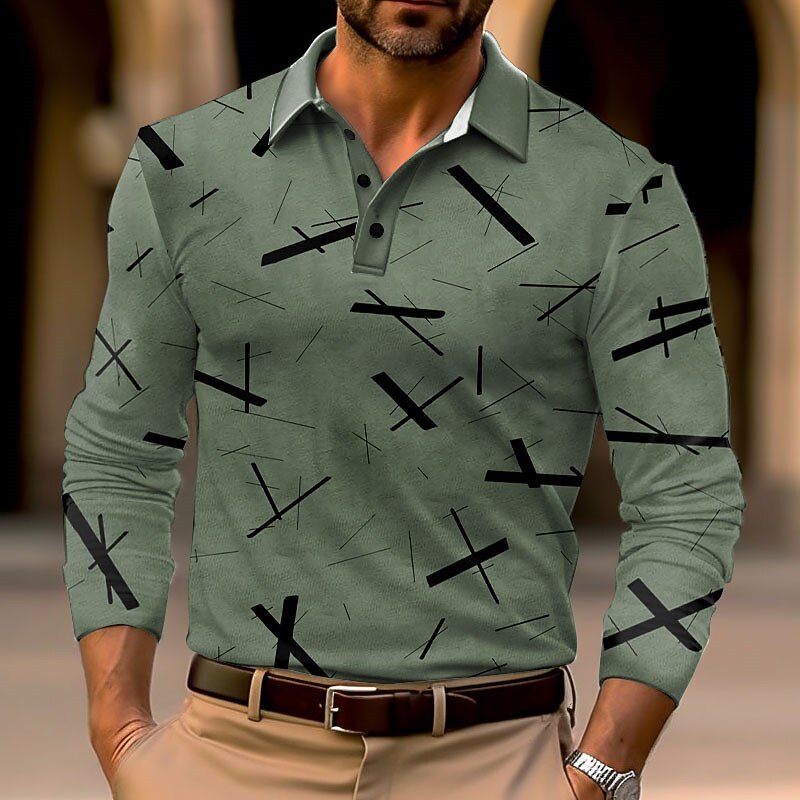 Men's Geometric Polo Shirts Golf Shirt Long Sleeve Polo Shirts Collared Shirts Business Casual WorkWear Formal Wear Festival Wear 3D Print Buttons Fall & Winter Blue Green Khaki