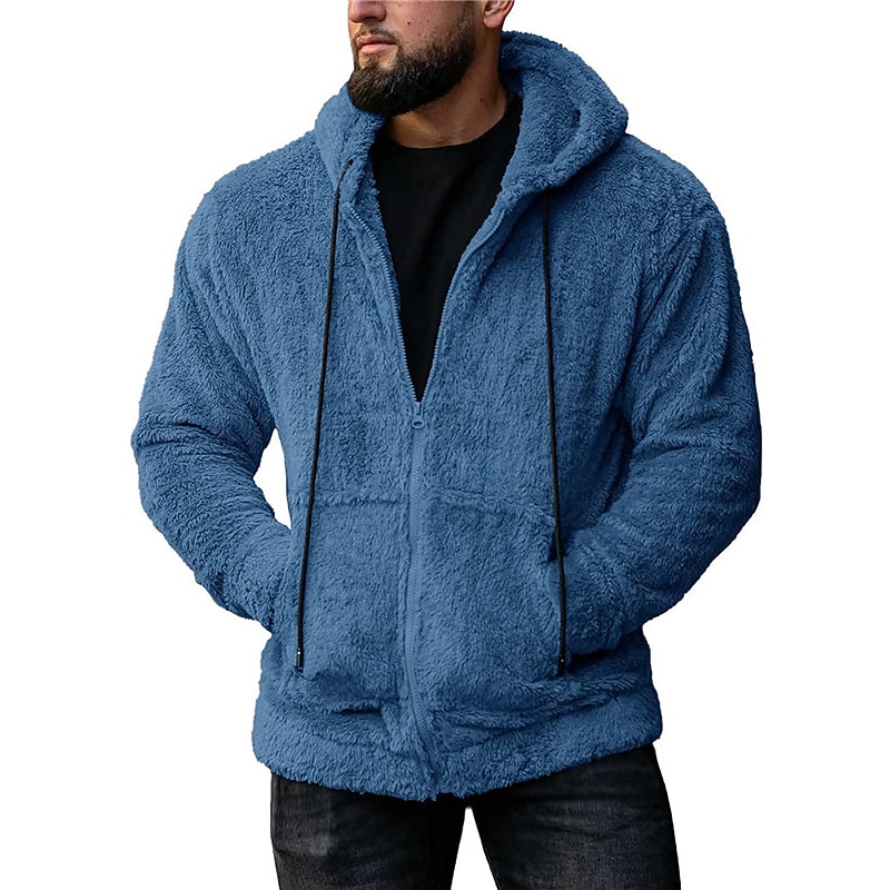 Men's Hoodie Full Zip Hoodie Hoodie Jacket Fuzzy Sherpa Black Army Green Blue Gray Hooded Plain Pocket Sports & Outdoor Daily Holiday Polyester Streetwear Cool Casual Fall & Winter Clothing Apparel - Main Image