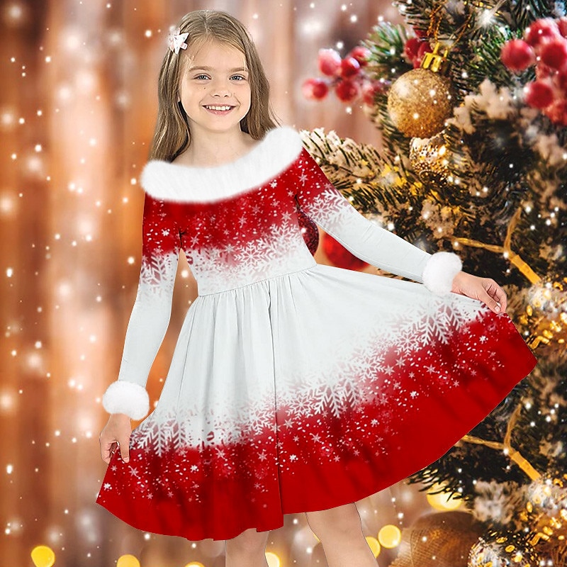 Christmas Girls' 3D Elk Snowflake Christmas Dress Dress Snowflake Dress Long Sleeve 3D Print Fall Winter Sports & Outdoor Daily Holiday Cute Casual Beautiful Kids 3-12 Years Casual Dress Swing Dress2