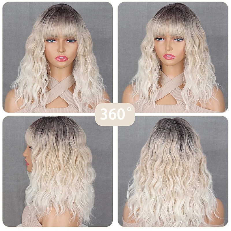 Short Platinum Blonde Wig for Women 14Inch Platinum Ombre Blonde Wig with Bangs Natural Synthetic Platinum Blonde Wavy Wig for Cosplay Halloween Daily4