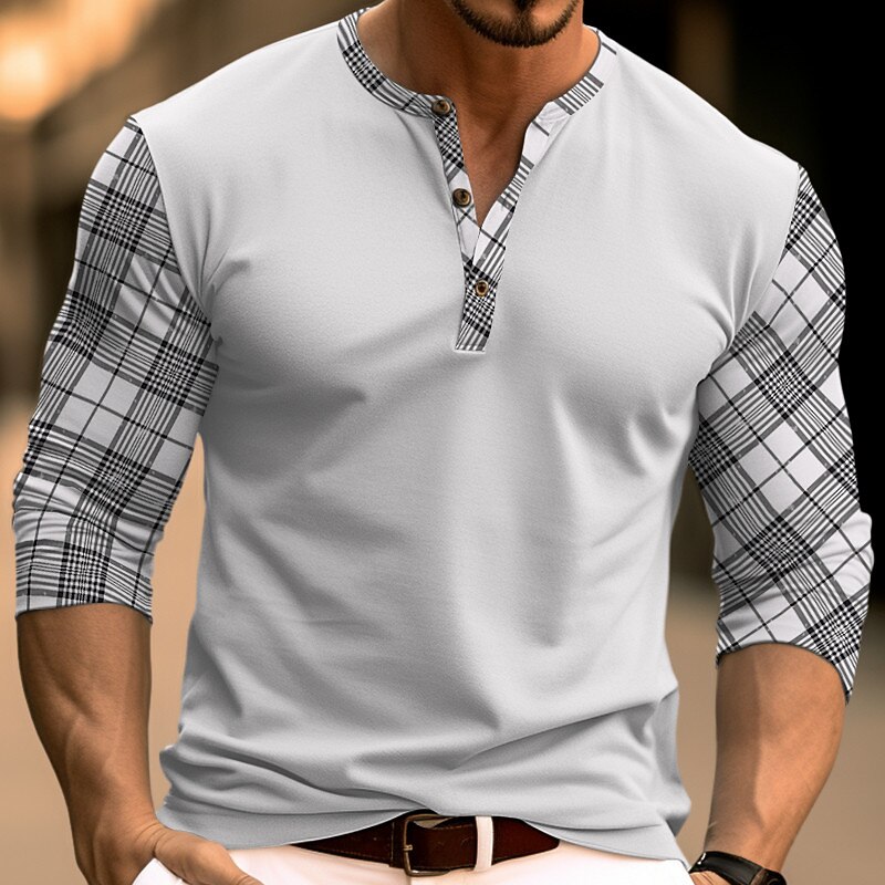 Men's Button T Shirt T Shirt Henley Shirt Tee Top Long Sleeve Henley Spring &  Fall Plaid Color Block Fashion Designer Basic Patchwork Vacation Street Going out Black Navy Blue Brown Top Tee for Men3