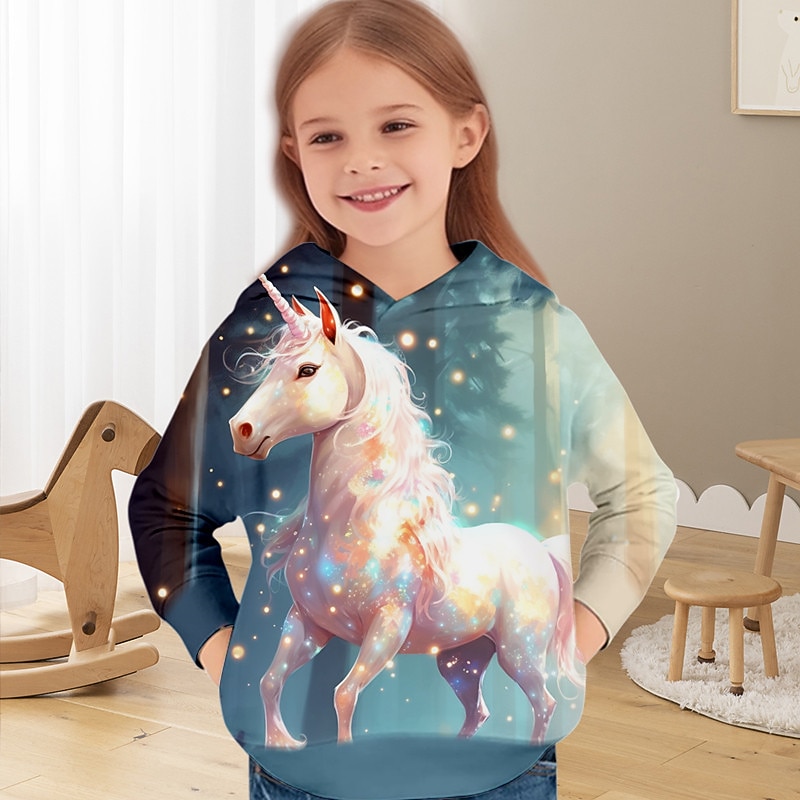 Girls' 3D Unicorn Hoodie Pullover Long Sleeve 3D Print Fall Winter Active Fashion Cute Kids 3-12 Years Outdoor Casual Daily Regular Fit3