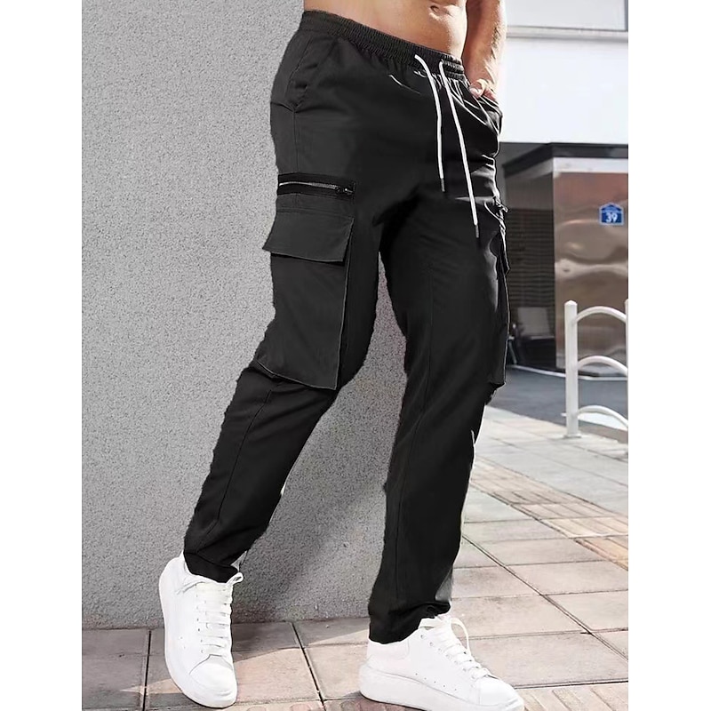 Men's Cargo Pants Cargo Trousers Pocket Drawstring Elastic Waist Plain Comfort Breathable Outdoor Daily Going out Fashion Casual Dark Khaki Black3