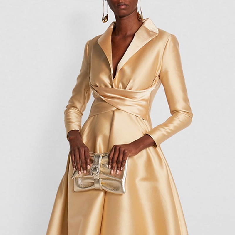 A-Line Mother of the Bride Evening Gown Elegant Dress Tuxedo Dress Formal Wedding Guest Floor Length Long Sleeve Shirt Collar Satin with Ruched2