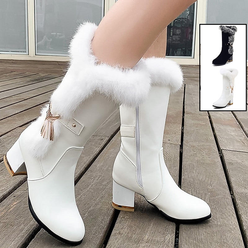 Women's White Faux Leather Fur-Trimmed Mid-Calf Boots with Side Zipper, Tassel Charm, and Block Heel for Winter Fashion and Outdoor Wear