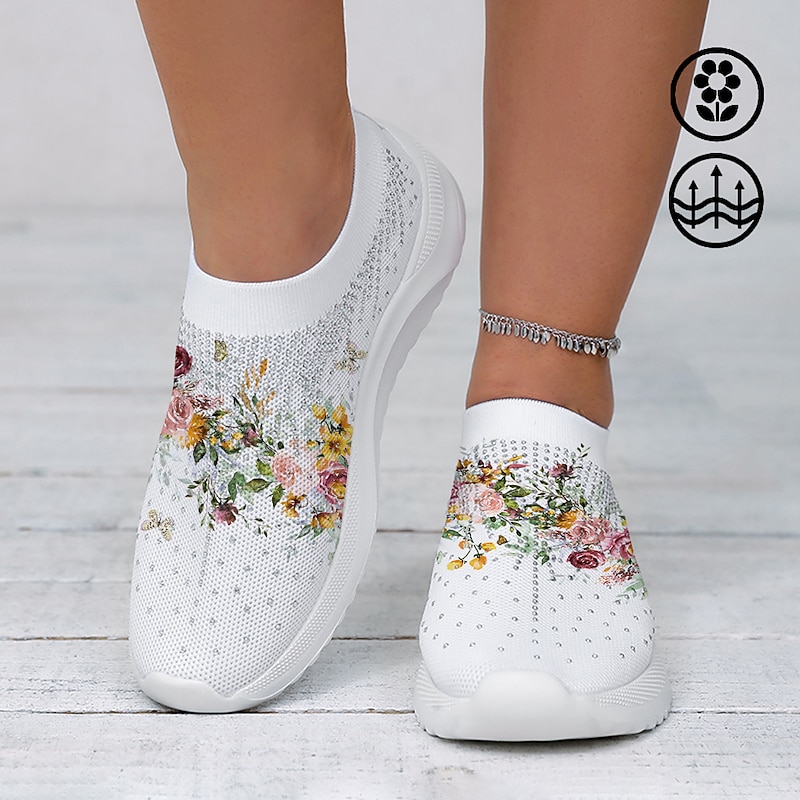 Women's White Floral Knit Slip-On Sneakers – Breathable Lightweight Walking Shoes with Rhinestone Accents for Casual Wear, Travel, and Spring Outfits
