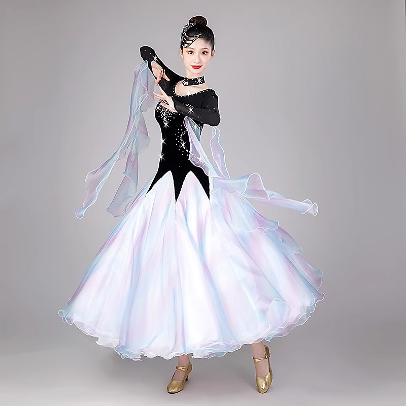 Ballroom Dance Dress Splicing Crystals / Rhinestones Women's Performance Party Long Sleeve Mesh Tulle Velvet4