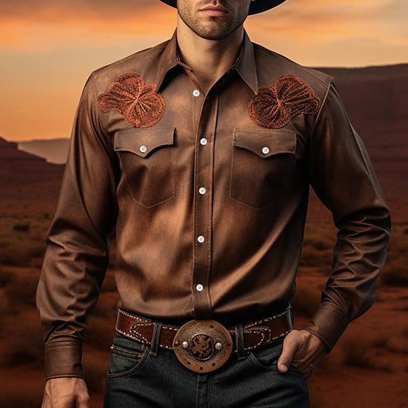 Men's Symbol Shirt Western Shirt Cowboy Shirt Long Sleeve Casual Western Style Outdoor Street Casual Daily Fall & Winter Turndown Buttons Print Brown