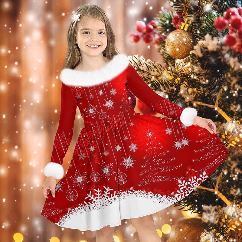 Christmas Girls' 3D Elk Snowflake Christmas Dress Dress Snowflake Dress Long Sleeve 3D Print Fall Winter Sports & Outdoor Daily Holiday Cute Casual Beautiful Kids 3-12 Years Casual Dress Swing Dress3