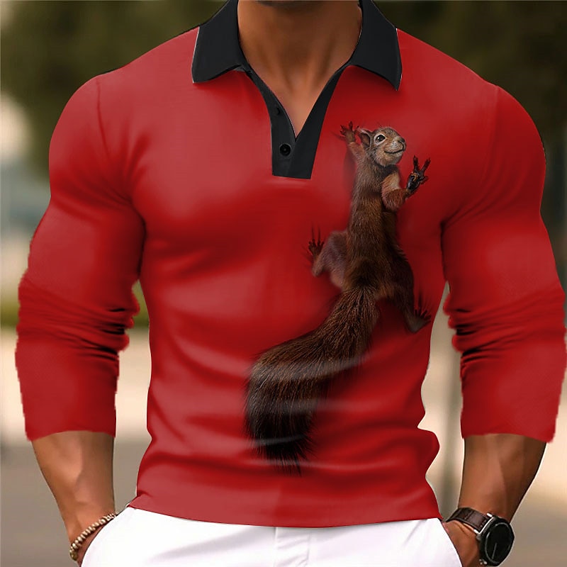 Men's Squirrel Polo Shirts Golf Shirt Long Sleeve Polo Shirts Collared Shirts Casual Funny Vacation Wear Party Outfits 3D Print Buttons Fall & Winter White Wine Brown2