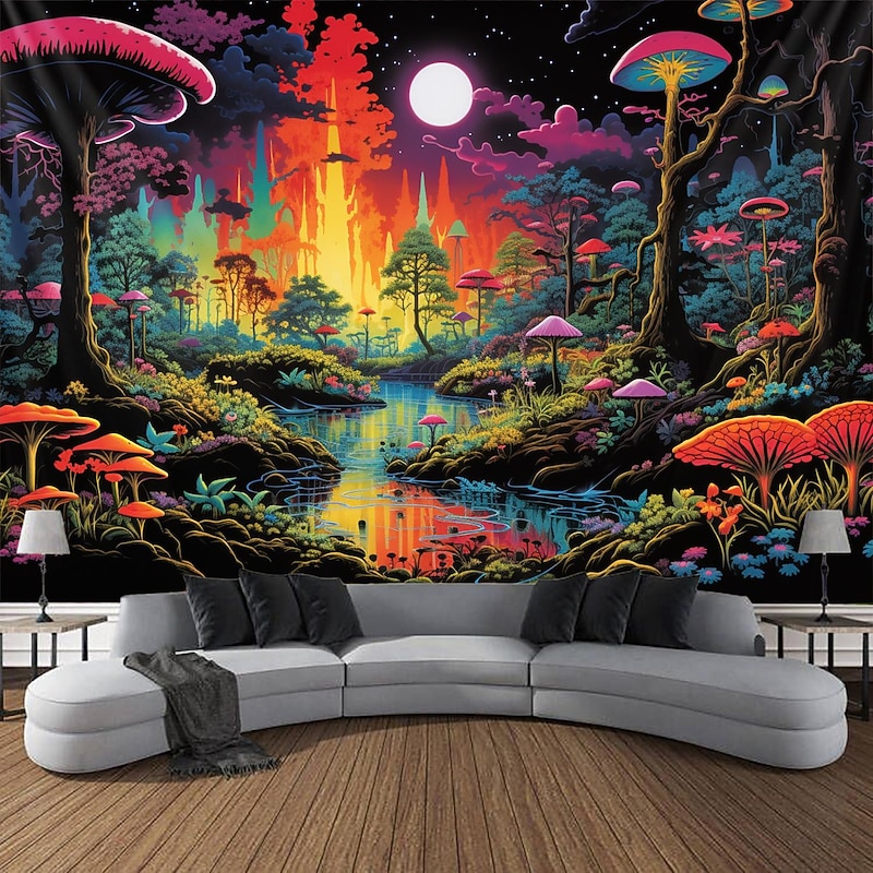 Blacklight Tapestry UV Reactive Glow in the Dark Glow Party Neon Trippy Misty Forest Mushroom Hanging Tapestry Wall Art Mural for Living Room Bedroom3