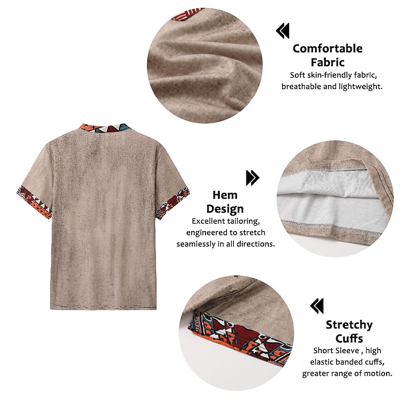 Men's Graphic Tribal Henley Shirt Short Sleeve 3D Print Fashion Designer Basic Outdoor Daily Summer Blue Khaki Gray Stand Collar Henley T-Shirt3