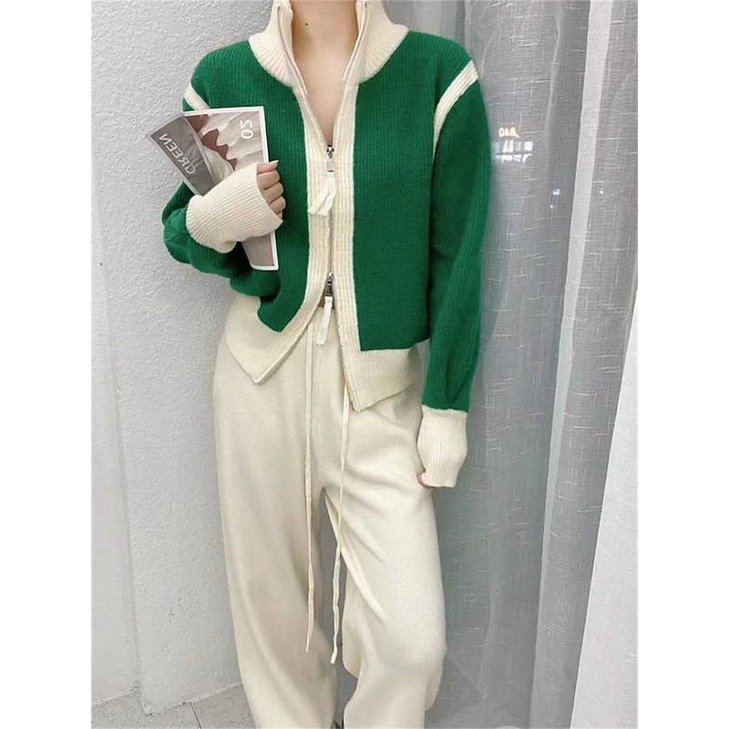 Women's Cardigan Sweater Stand Collar Ribbed Knit Patchwork Zipper Fall Winter Outdoor Daily Going out Stylish Casual Soft Long Sleeve Color Block Black White2