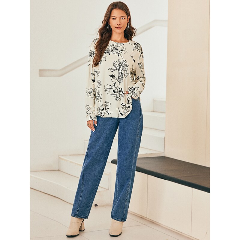 Floral Print Crew Neck Loose Shirt4