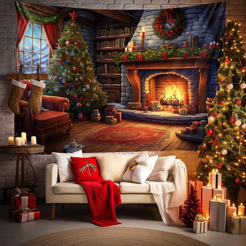 Christmas Decorations Christmas Tree Hanging Tapestry Wall Art Xmas Large Tapestry Mural Decor Photograph Backdrop Blanket Curtain Home Bedroom Living Room Decoration Fireplace Cozy4