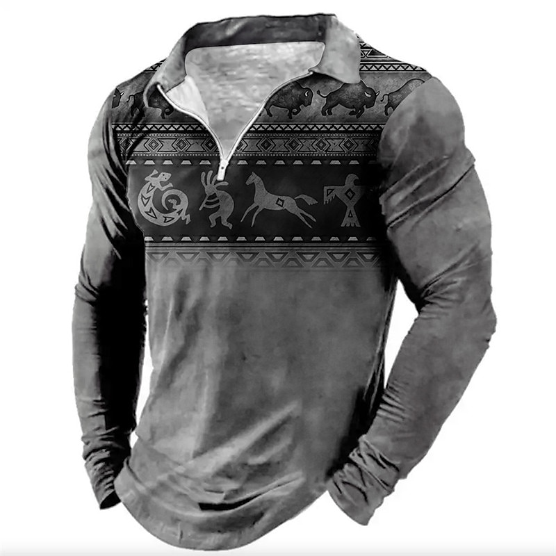 Men's Tribal Zip Polo Shirts Golf Shirt Long Sleeve Polo Shirts Collared Shirts Vintage Casual Vacation Wear Party Outfits 3D Print Quarter Zip Polo Fall & Winter Brown Gray2