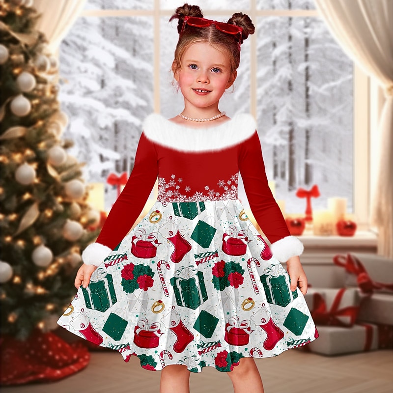 Christmas Girls' 3D Elk Snowman Snowflake Christmas Dress Dress Snowflake Dress Long Sleeve 3D Print Fall Winter Sports & Outdoor Daily Holiday Cute Casual Beautiful Kids 3-12 Years Casual Dress4