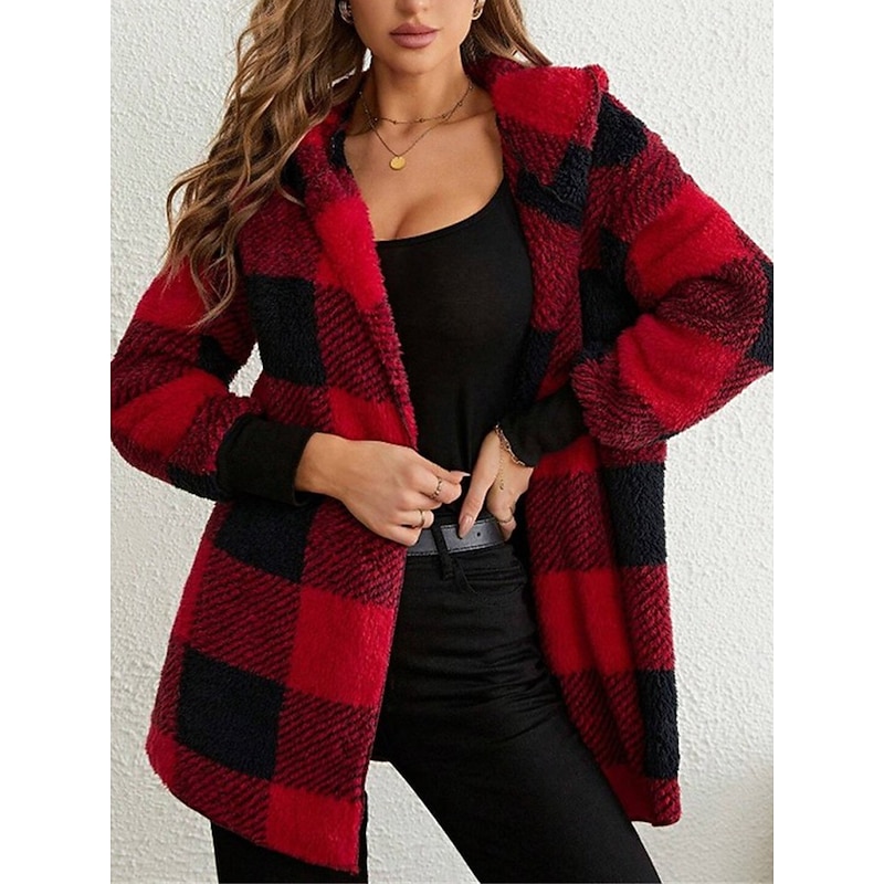 Women's Fleece Jacket Teddy Coat Hoodie Jacket Warm Breathable Pocket Fleece Lined Casual Street Style Stripes and Plaid Vacation Valentine's Day Street Daily Wear Open Front Regular Hoodie Regular