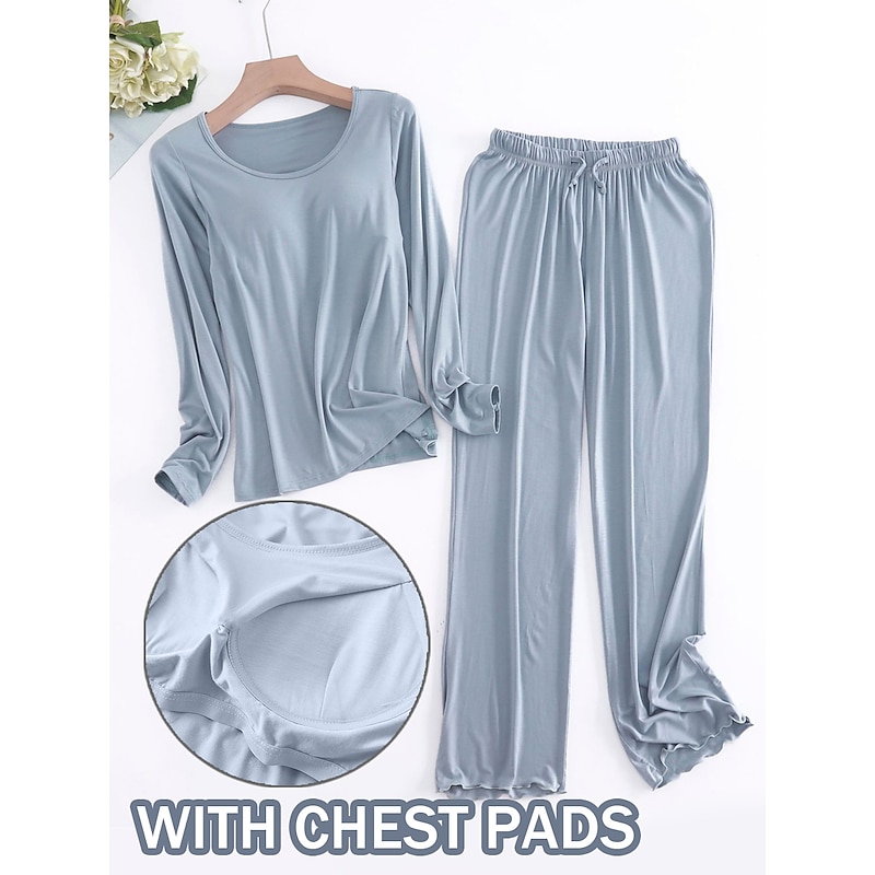 Women's Pajamas Sets Pure Color Casual Comfort Home Bed Modal Breathable Crew Neck Long Sleeve Shirt Pant Fall Winter Home Outfits