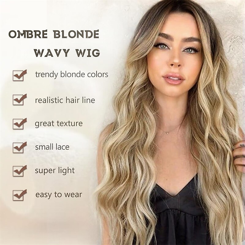 Ombre Blonde Wig Long Blonde Wavy Wigs for Women 26 Inch Middle Part Natural Curly Synthetic Wig Heat Resistan Fiber Wig for Daily Party Use2
