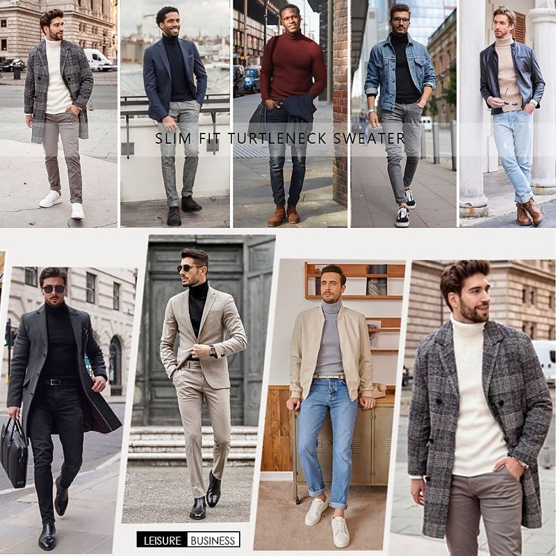 Men's Turtleneck Sweater Pullover Sweater Jumper Cropped Sweater Ribbed Knit Regular Tops Knit Plain Turtleneck Modern Contemporary Work Daily Wear Clothing Apparel Winter Wine Black S M L2