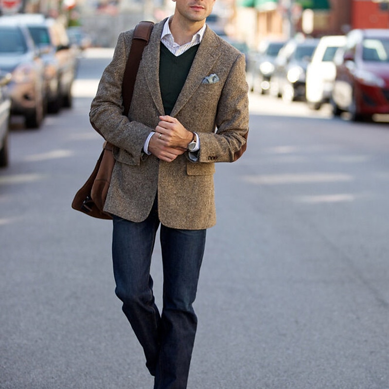 Men's Tweed Herringbone Blazer Jacket Vintage Plus Size Regular Tailored Fit Single Breasted Two-buttons Green khaki2